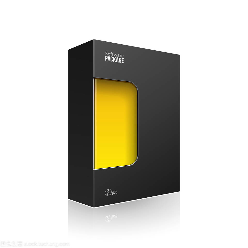 黑色現代軟件產品包裝盒, 帶有黃色橙色窗口, 用于 Dvd 或 Cd 盤。3d 在白色背景上的插圖被隔離。為您的設計做好準備。包裝.矢量 Eps10